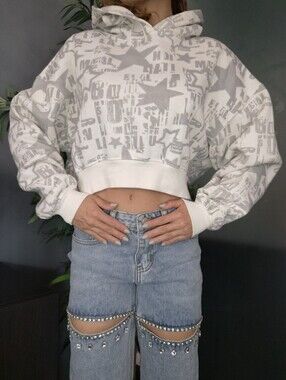 Social Scene Y2K Star Print Cropped Hoodie - Size XS